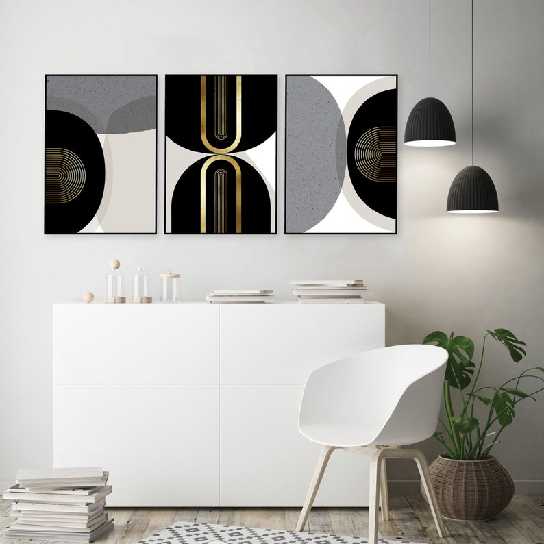 Printable Black Beige Gold Wall Art Set of 3 Modern Mid Etsy