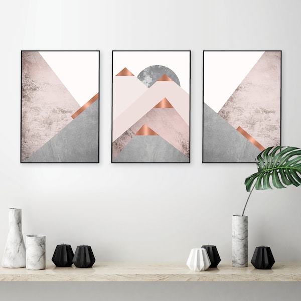 Tríptico de montañas escandinavas descargable, rosa rubor, gris y cobre, decoración de arte de pared moderna imprimible, decoración del dormitorio, tendencia ahora, trío de arte