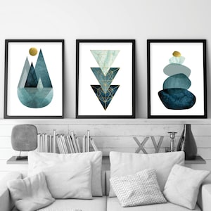 Downloadable geometric prints, Teal gold wall art download, Printable art set 3, Living room art teal, 3 set matching trio, Balancing Stones