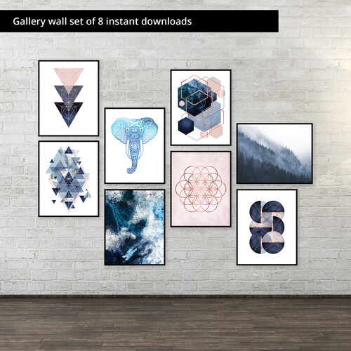 Printable Navy Rose Gold Wall Art Set of 3 Prints Bedroom Etsy