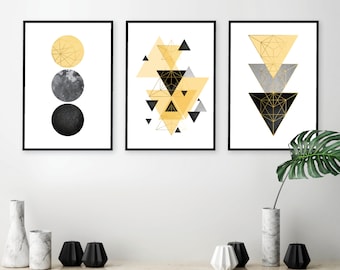 Set of 3 downloadable prints yellow grey, geometric wall art, yellow gray wall art, scandinavian printable art, yellow black wall art, 24x36