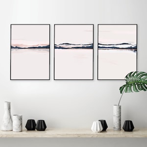 Downloadable prints, Printable watercolor art, Horizon wall art, Navy blue blush pink wall art, Set of 3, Abstract landscape artwork
