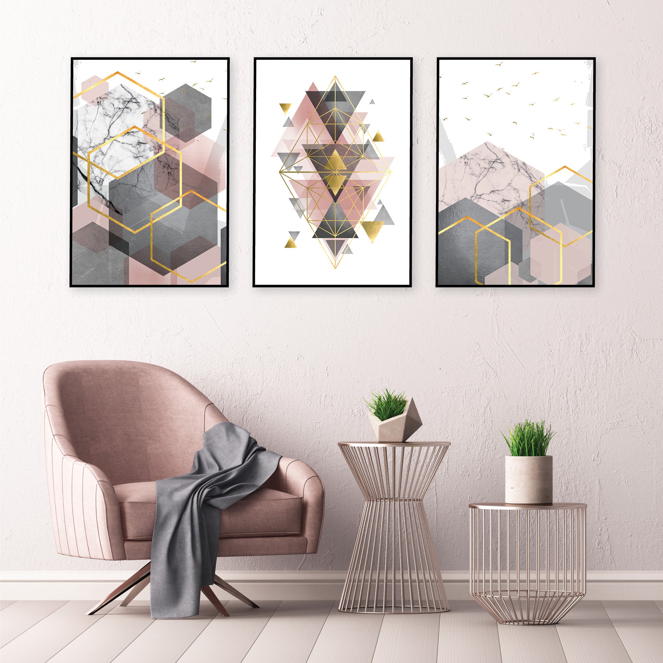 Set of 3 Printable Blush Pink Grey Gold Posters Living Room Art Large Digital Download Geometric Wall Art Downloadable Modern Artwork Trio Etsy