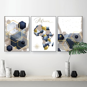 Printable Africa map, Downloadable Set of 3, Map of Africa digital, Navy blue beige gold, Unique travel gift, Popular maps 24x36 18x24 16x20