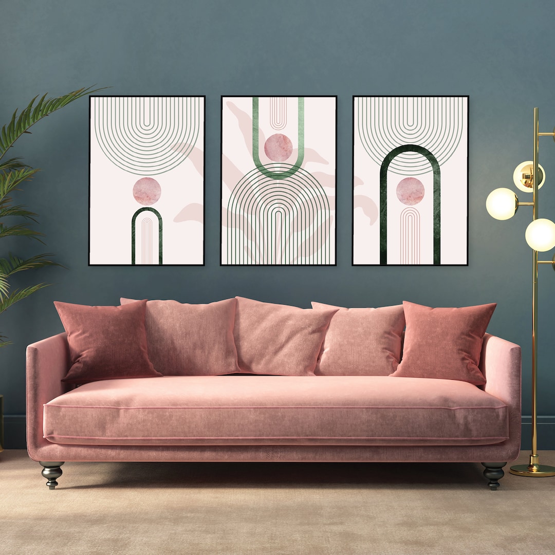 Printable Pink Green Wall Art, Art Set of 3, Mid Century, Trio Matching