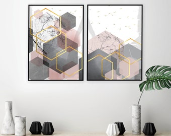 Geometric Art Prints Set: Pink, Gray & Gold Hexagons (Digital Download)