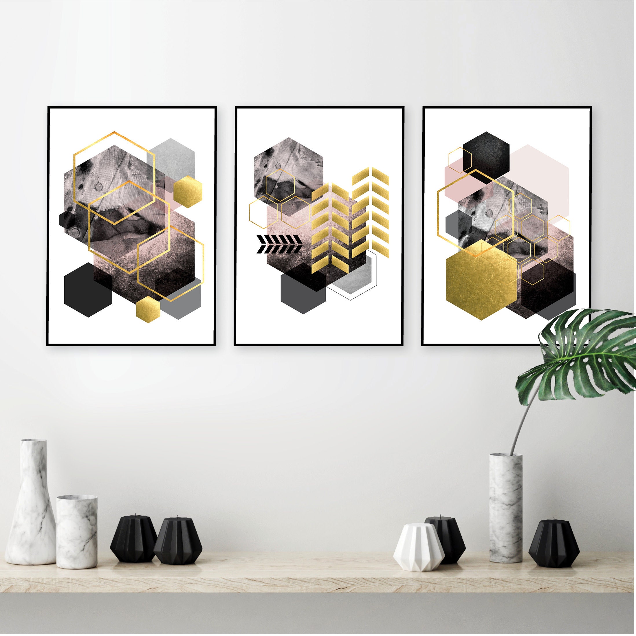 Set of 3 printable blush pink grey black gold posters Living | Etsy