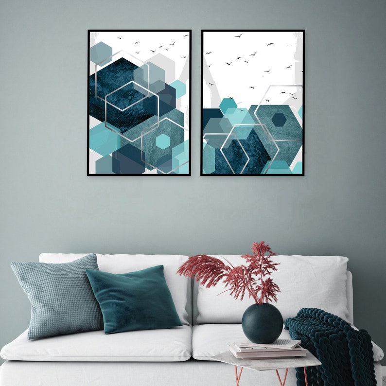 Set of 2 printable abstract art prints in teal aqua turquoise silver Downloadable geometric Hexagonal wall art Poster downloads High res A1