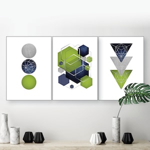 Digitaler Download, Set von 3, Geometrische druckbare Kunst, Lime grün marine blau weiß silber, Hexagon Kunst, Abstrakt geometrisch, Wohnzimmer Kunst