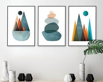 Downloadable Nordic mountains & Balancing Stones matching prints in burnt orange and teal Printable set of 3 Scandi mountain poster set trio