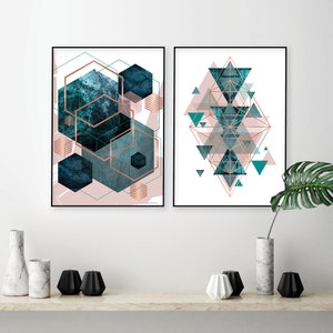 Arte de parede para impressão em cobre rosa azul-petróleo, impressões digitais para download, Arte de parede para impressão em cobre rosa azul-petróleo, azul-petróleo e abstrato rosa, conjunto de 2 impressões