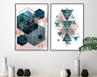 Teal and Pink Geometric Wall Art Prints, Copper Accent Set (Digital Download)