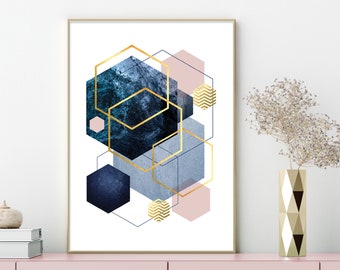 May include: Abstract geometric art print with overlapping hexagons in shades of blue and pink with gold outlines. The hexagons are layered on top of each other, creating a sense of depth and dimension.