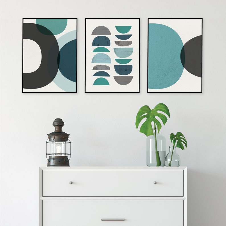 Set Of 3 Mid Century Modern Geometric Printable Art Teal Etsy