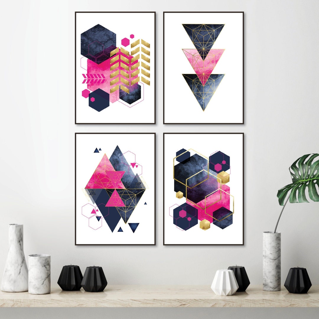 Printable Art Set of 4 Fuchsia Pink Navy Blue Gold High - Etsy