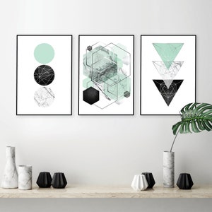 Mint green set of 3 digital downloads Scandinavian abstract geometric wall art Printable trio matching art prints downloadable pale green A1