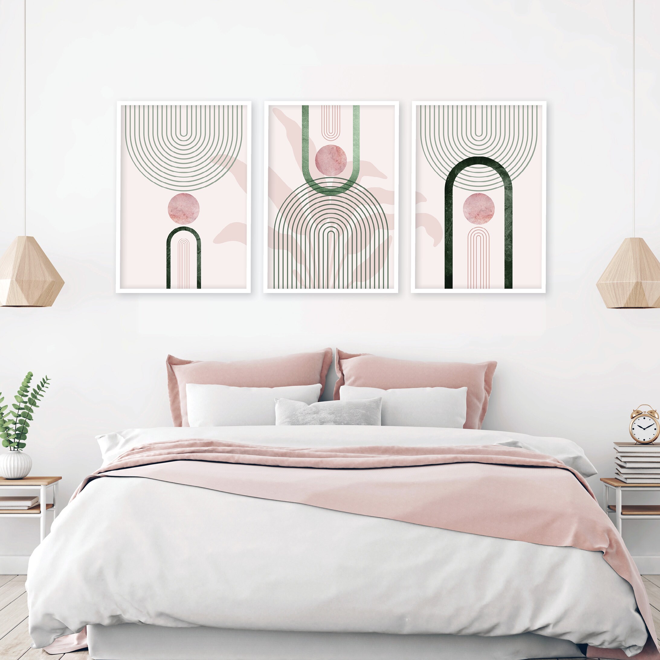 Printable Pink Green Wall Art Art Set of 3 Mid Century Trio Etsy