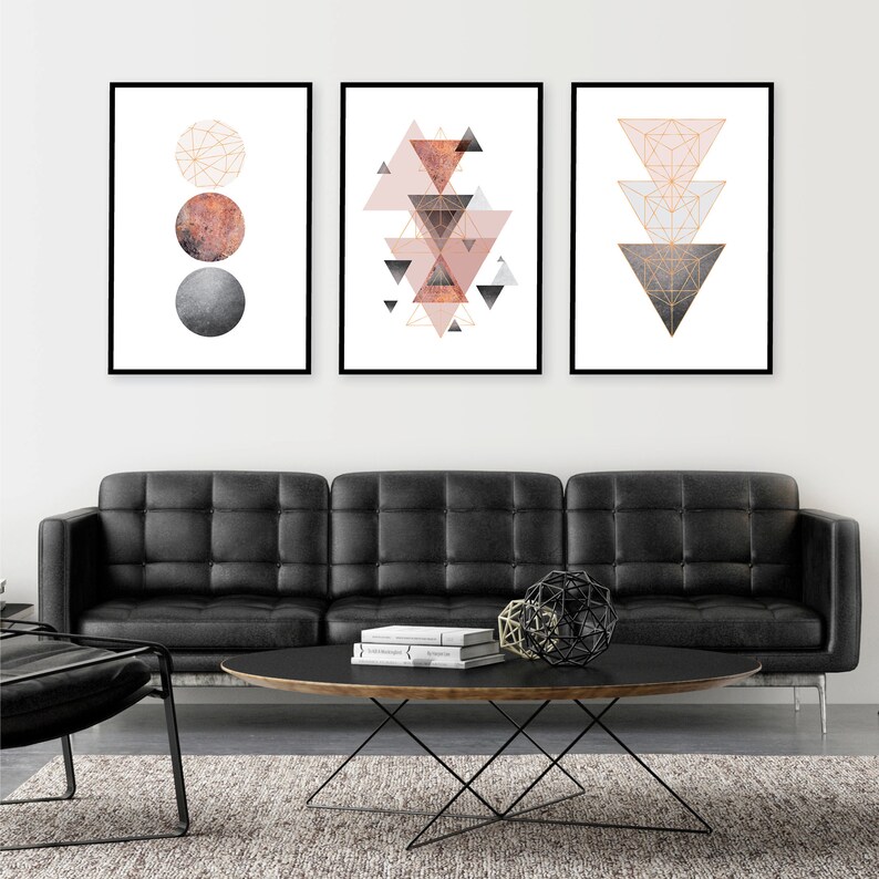 Downloadable printable art set of 3 Scandinavian modern geometric prints in blush pink grey rose gold Scandi wall art instant downloads image 8