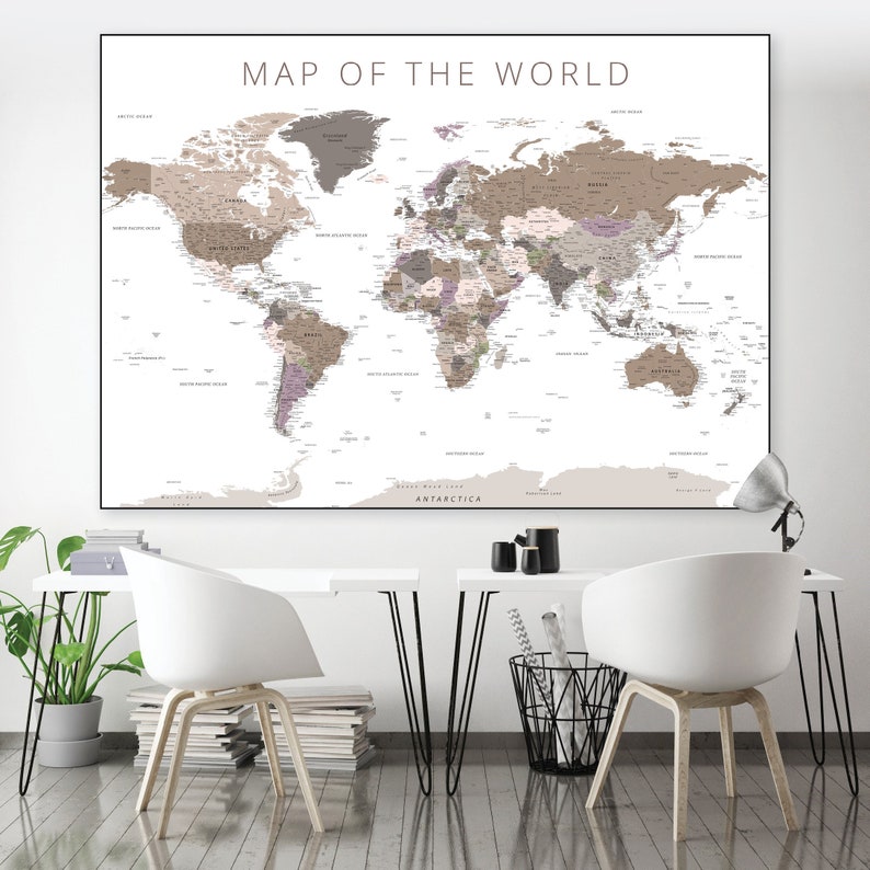 World Map Muted Color Detailed World Map Poster, Muted Neutral Colors (digital Download) - Etsy