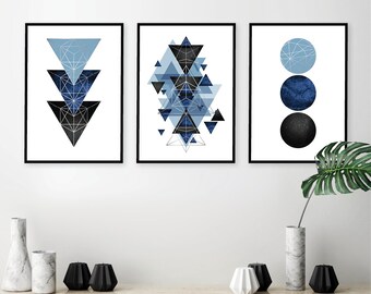 Conjunto de 3 impresiones geométricas descargables Trío geométrico imprimible a juego negro blanco azul marino plata Decoración de pared minimalista Tendencia ahora arte