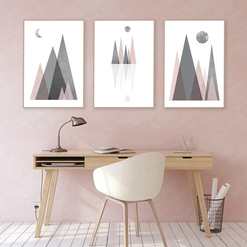 Set de 3 carteles de color rosa imprimible Scandi Mountain | Etsy