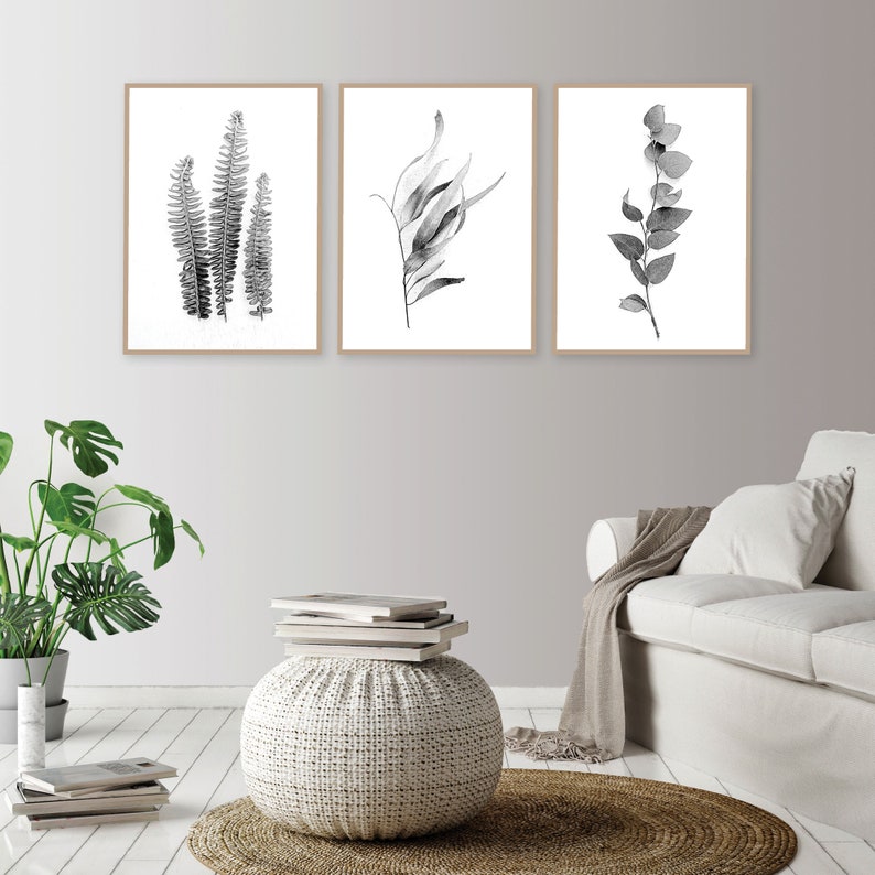 Downloadable set of 3 botanical prints black white monochrome Printable art Australian gum leaves fern fronds Print set Wall art Wall Decor image 5