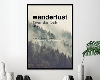Instant download of Wanderlust poster Printable Scandinavian modern travel print Forest Mist Trees Fog Mountain Pine Trees Wall Art Gift Him