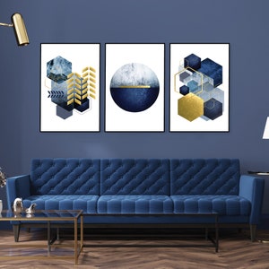 A matching trio of navy and gold geometric art. This set of 3 geometric prints are printable art that come in 3 different sizes, 16x20", 18x24" and 24x36" in a high resolution jpeg format.