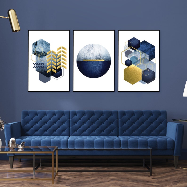 A matching trio of navy and gold geometric art. This set of 3 geometric prints are printable art that come in 3 different sizes, 16x20", 18x24" and 24x36" in a high resolution jpeg format.