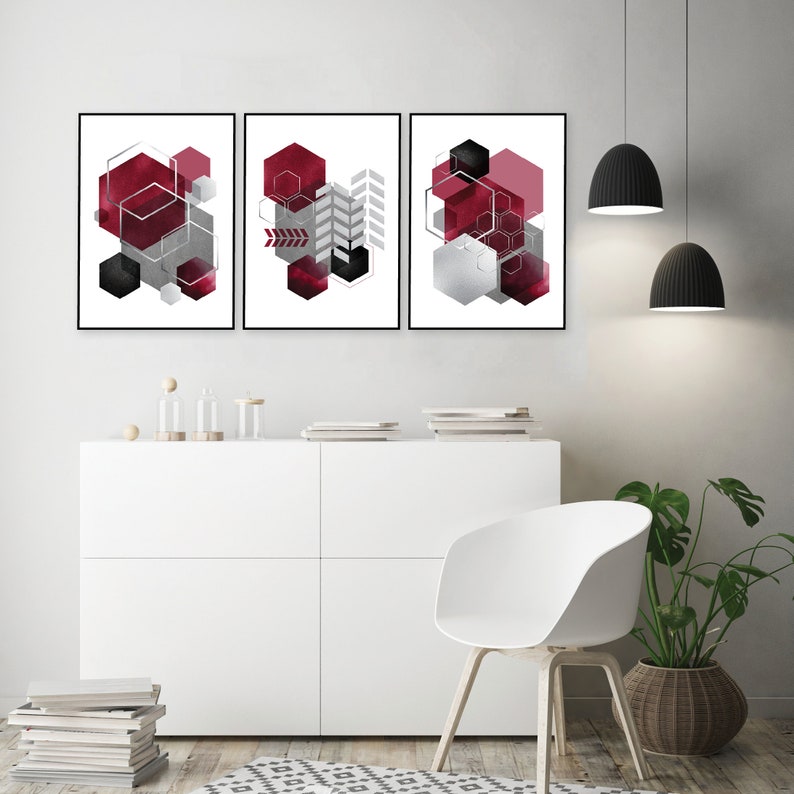 Printable Art Set of 3 Burgundy Black Grey Silver Geometric - Etsy