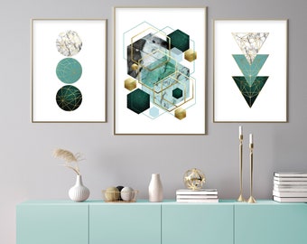 Digital Download, Set of 3, Geometric printable art, Teal emerald green aqua, Living room art, Home office art, Digital print x 3 abstract