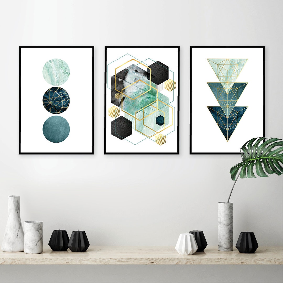 Downloadable Prints Teal Wall Art Printable Wall Art Set Gold Geometric ...