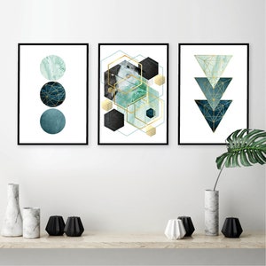 Downloadable prints Teal wall art Printable wall art set Gold geometric print download teal gold wall art wall prints set of 3 matching trio