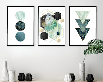 Downloadable prints Teal wall art Printable wall art set Gold geometric print download teal gold wall art wall prints set of 3 matching trio