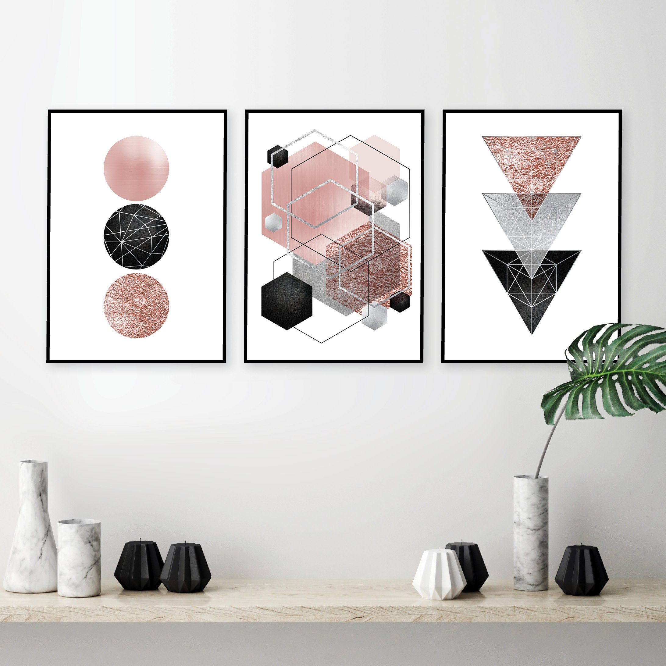 Digital download blush pink grey silver wall art set of 3 | Etsy