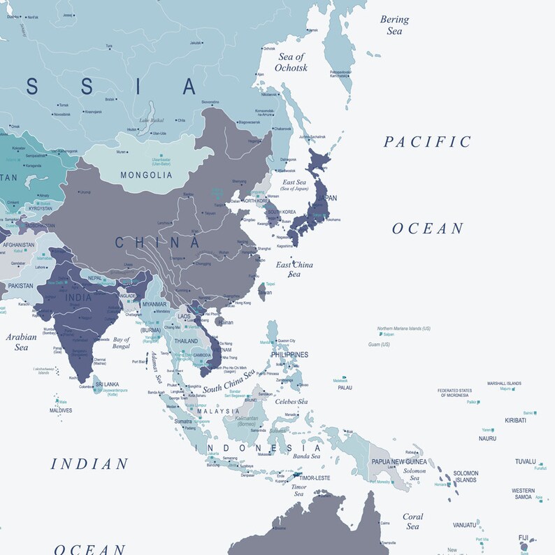 EXTRA LARGE Printable World Map in Blue XL Downloadable Map | Etsy