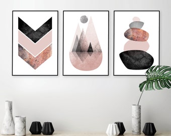 Printable set of 3, Blush pink rose gold grey, Scandinavian minimalist poster, Chevrons Mountains Balancing Stones, Modern elegant stylish