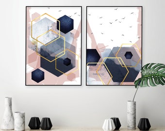 Set of 2 downloadable geometric prints in blush pink navy blue gold Printable abstract Scandinavian modern wall art Bedroom decor dusky pink