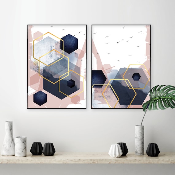 Set Of 2 Downloadable Geometric Prints In Blush Pink Navy Blue Gold Printable Abstract Scandinavian Modern Wall Art Bedroom Decor Dusky Pink