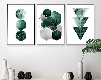 Emerald green geometric downloadable art, Green silver downloadable print, Emerald black printable art, Living room art, Matching art set