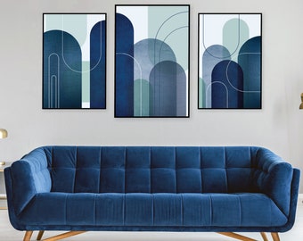 Printable mid century modern set of 3 in navy blue white and teal, Digital download trio matching prints, Downloadable minimalist posters