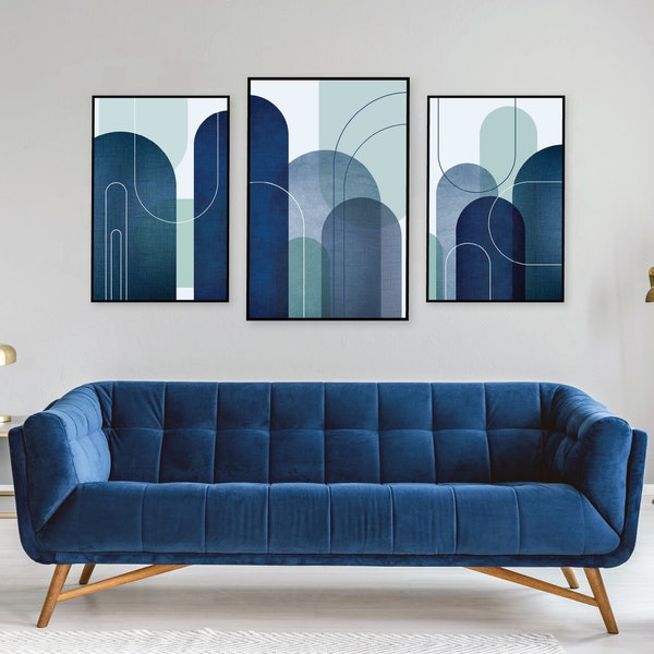Printable mid century modern set of 3 in navy blue white and teal, Digital download trio matching prints, Downloadable minimalist posters
