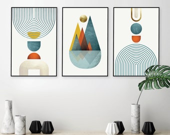 Printable burnt orange teal gold wall art, Art set of 3, Mid Century modern, Trio matching art download, Digital prints, Living room art