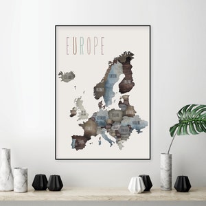Europa Karte druckbare Karte, große Karte Europa, Europa Wandbild, digitaler Download, neutrale Töne A0 A1 A2 40 x 50 cm