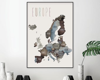 Neutral Europe Map Art Print, Large European Wall Decor (Digital Download)