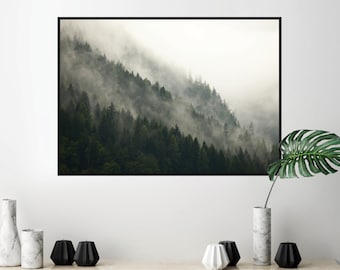 Digital download of Scandinavian misty forest mountainside Printable poster Nordic foggy tree photography Downloadable Scandi mountain mist