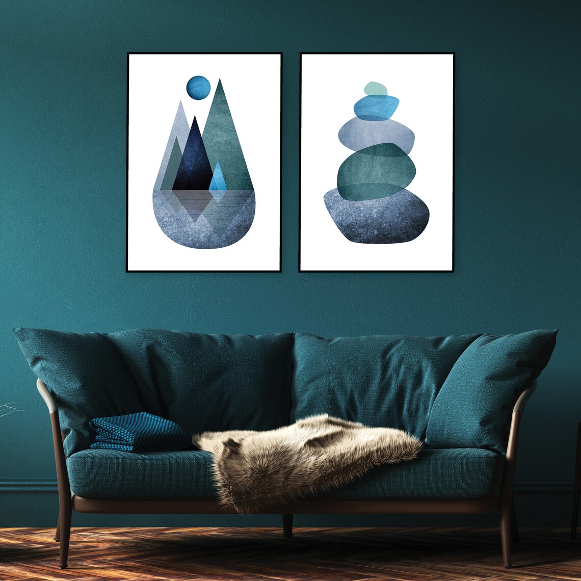 Navy blue and teal set of 2 downloadable prints Digital wall | Etsy
