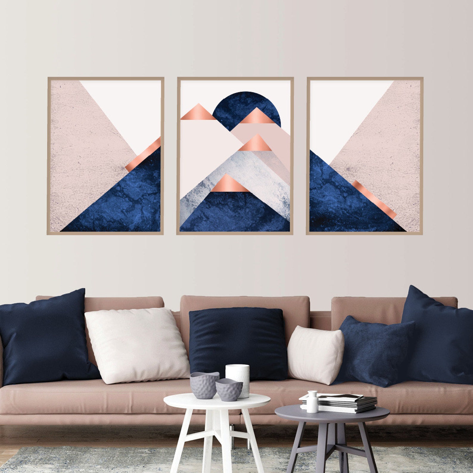 Blush Pink Navy Rose Gold Printable Mountains Wall Art Set of 3 ...