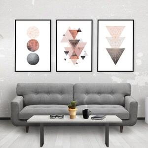 Downloadable printable art set of 3 Scandinavian modern geometric prints in blush pink grey rose gold Scandi wall art instant downloads image 7