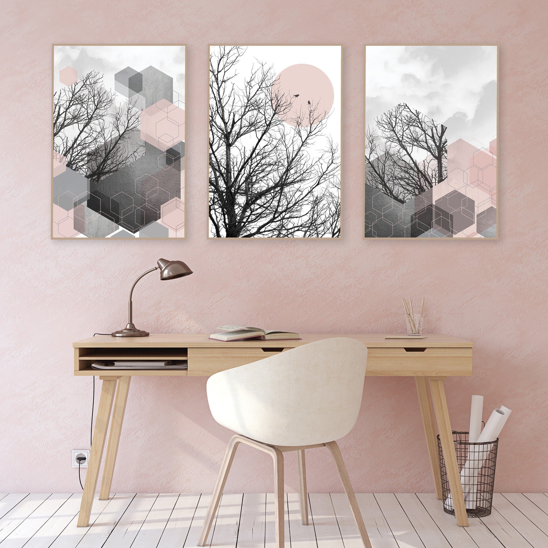 Printable Art Set of 3 Blush Pink Grey Geometric Posters Etsy Australia